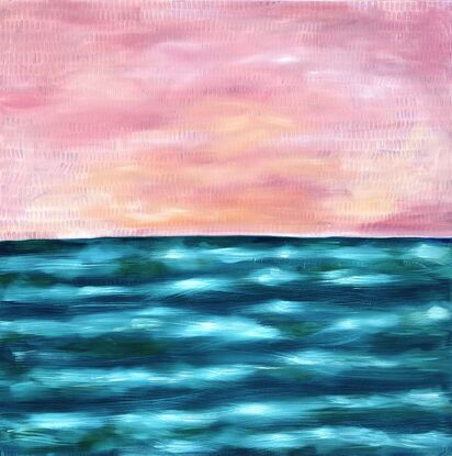 An abstract landscape of layers and contrast created with mark making in a veneer over a blue ocean background with a light pinkish sky. 