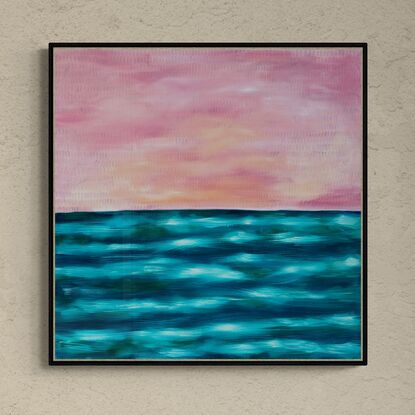 An abstract landscape of layers and contrast created with mark making in a veneer over a blue ocean background with a light pinkish sky. 