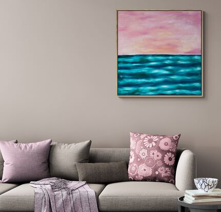 An abstract landscape of layers and contrast created with mark making in a veneer over a blue ocean background with a light pinkish sky. 