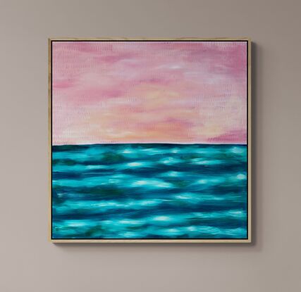 An abstract landscape of layers and contrast created with mark making in a veneer over a blue ocean background with a light pinkish sky. 