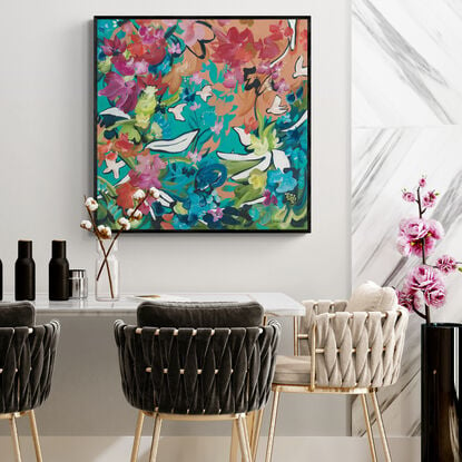 modern colourful abstract landscape with flowers and birds