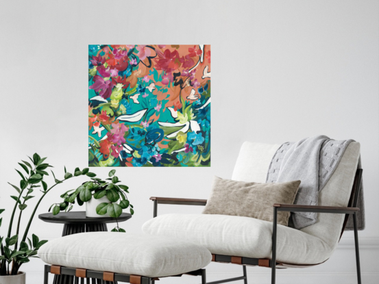 modern colourful abstract landscape with flowers and birds