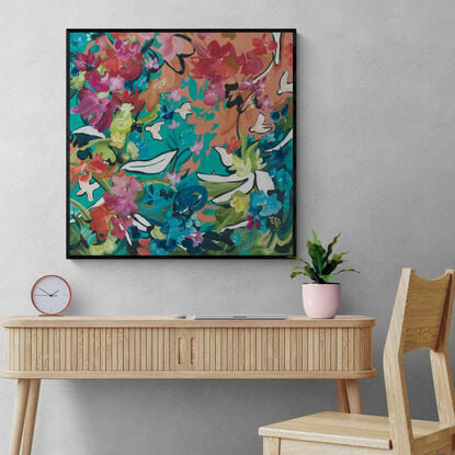 modern colourful abstract landscape with flowers and birds