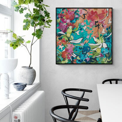 modern colourful abstract landscape with flowers and birds