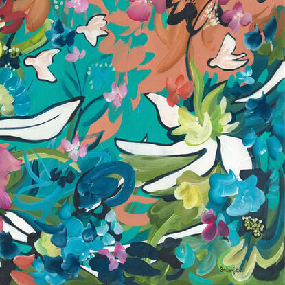 modern colourful abstract landscape with flowers and birds