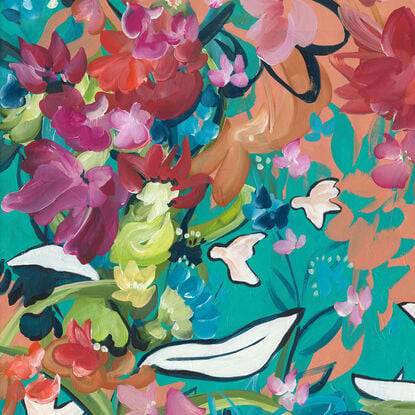 modern colourful abstract landscape with flowers and birds