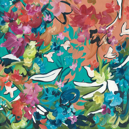 modern colourful abstract landscape with flowers and birds