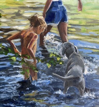 A boy and a girl together with mum  and the dog explore the waters of a river bank. Light filters through the surrounding trees  and highlights the figures and the moving water. Floating frame in pine, ready to hang.