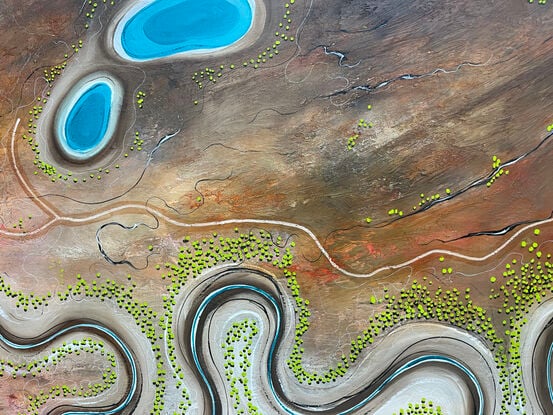 The River's Embrace is an earthy, large textured aerial abstract landscape in neutral tones with river meandering through the c centre leading to a vivid blue pool of water.
