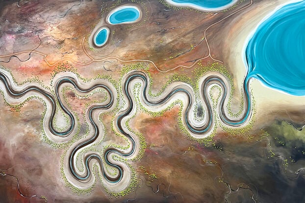 The River's Embrace is an earthy, large textured aerial abstract landscape in neutral tones with river meandering through the c centre leading to a vivid blue pool of water.
