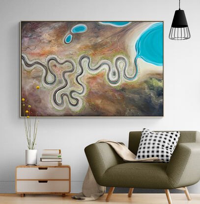 The River's Embrace is an earthy, large textured aerial abstract landscape in neutral tones with river meandering through the c centre leading to a vivid blue pool of water.
