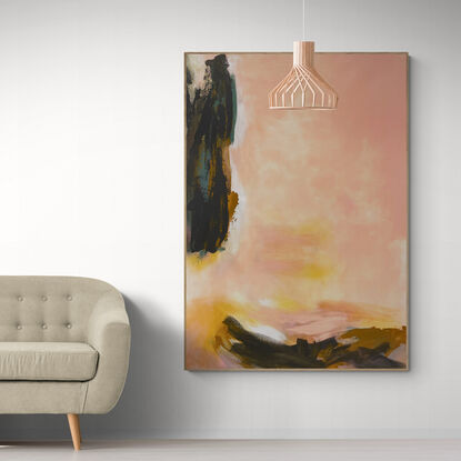 neutral and rich earthy tones from nature of pink, blush, ochre, beige, grey and white with dark grey and sage green expressive marks across an extra large canvas