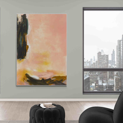 neutral and rich earthy tones from nature of pink, blush, ochre, beige, grey and white with dark grey and sage green expressive marks across an extra large canvas