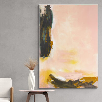 neutral and rich earthy tones from nature of pink, blush, ochre, beige, grey and white with dark grey and sage green expressive marks across an extra large canvas