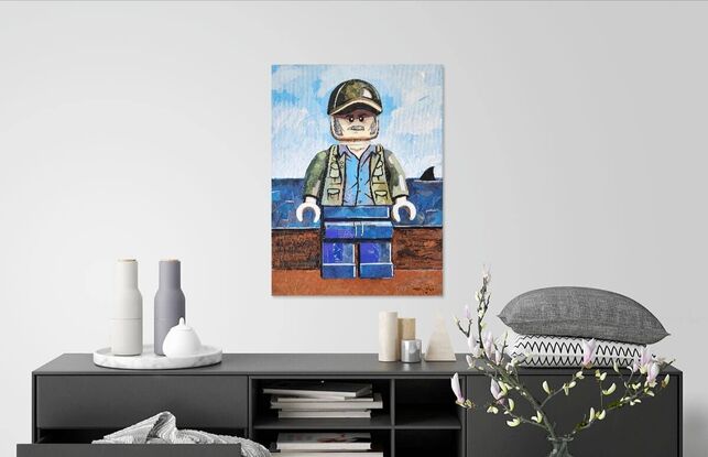 Lego Quint from Jaws, mixed media collage painting