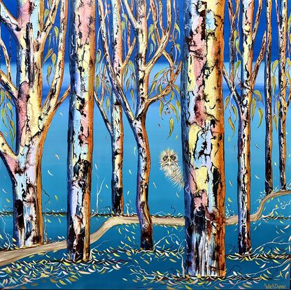 Several colourful gum tree trunks, an Emu looking out from behind  the trees with some leaf litter and twigs a lovely aqua blending upwards to bright blue sky 