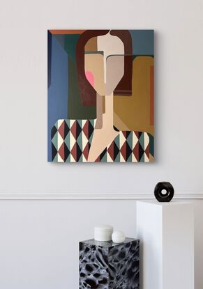 Mid century modern colourful  demure mindful woman 