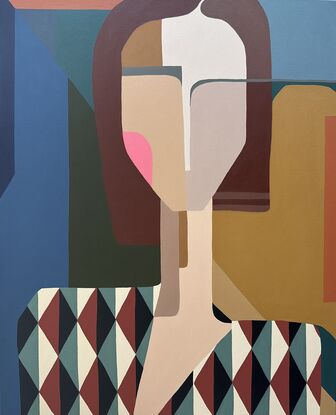 Mid century modern colourful  demure mindful woman 