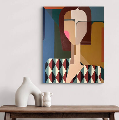 Mid century modern colourful  demure mindful woman 