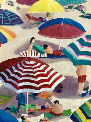 A beach scene full of bright fun beach umbrella's. 