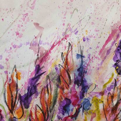 An abstract landscape of bright vivid flowers in pink, red, purple, orange, yellow and greens