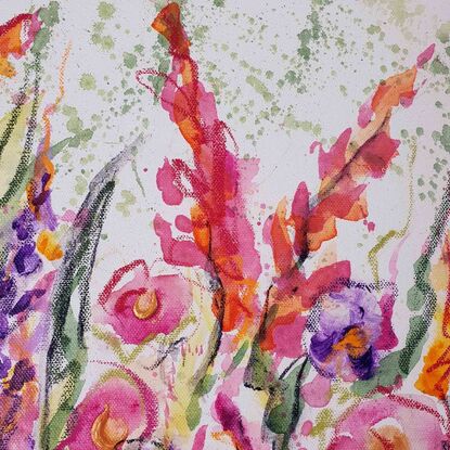 An abstract landscape of bright vivid flowers in pink, red, purple, orange, yellow and greens