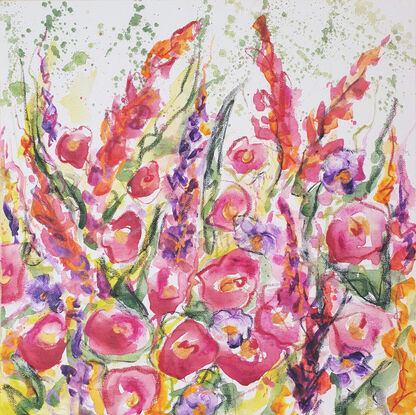 An abstract landscape of bright vivid flowers in pink, red, purple, orange, yellow and greens