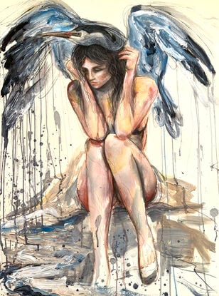 Figurative watercolour artwork of a woman with a Blue Heron Bird. Portrays an animal spirit. Painted by Sydney artist Leni Kae. 