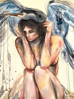 Figurative watercolour artwork of a woman with a Blue Heron Bird. Portrays an animal spirit. Painted by Sydney artist Leni Kae. 