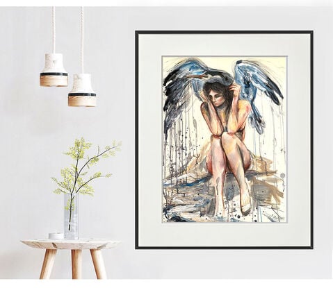 Figurative watercolour artwork of a woman with a Blue Heron Bird. Portrays an animal spirit. Painted by Sydney artist Leni Kae. 