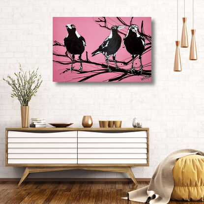 3 magpies on a branch pink background