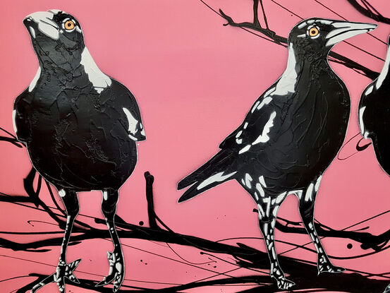 3 magpies on a branch pink background