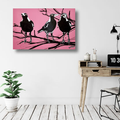 3 magpies on a branch pink background