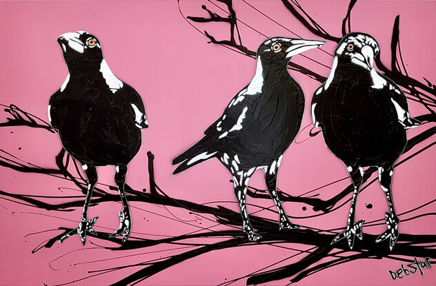 3 magpies on a branch pink background