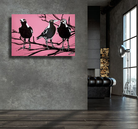 3 magpies on a branch pink background