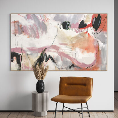 Subtle tones in warm earthy beige, peach, apricot, orange, white, olive, light green and grey combined with large expressive marks, across the canvas surface . 