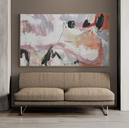 Subtle tones in warm earthy beige, peach, apricot, orange, white, olive, light green and grey combined with large expressive marks, across the canvas surface . 