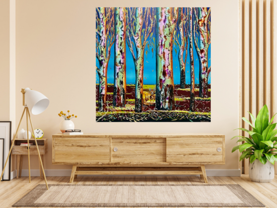 Several colourful gum tree trunks, a Kangaroo hiding in plain sight, with some leaf litter and twigs a lovely deep maroon with pops of green fading light blue upward to a bright blue sky 