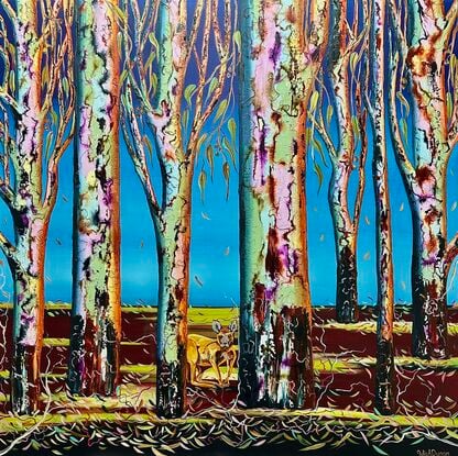 Several colourful gum tree trunks, a Kangaroo hiding in plain sight, with some leaf litter and twigs a lovely deep maroon with pops of green fading light blue upward to a bright blue sky 