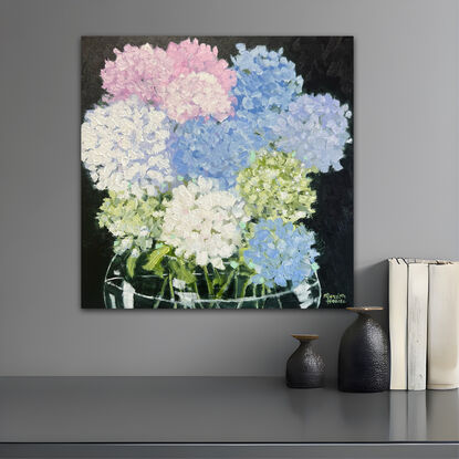  Still life  vase of Hydrangea flowers in glass vase.