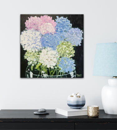  Still life  vase of Hydrangea flowers in glass vase.