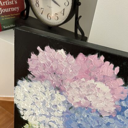  Still life  vase of Hydrangea flowers in glass vase.