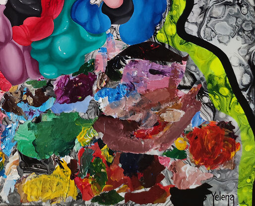 A colourful, abstract portrait of a melting man with oversized glasses. The background is dark and swirling.