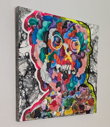 A colourful, abstract portrait of a melting man with oversized glasses. The background is dark and swirling.