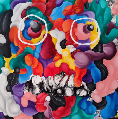 A colourful, abstract portrait of a melting man with oversized glasses. The background is dark and swirling.