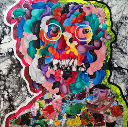 A colourful, abstract portrait of a melting man with oversized glasses. The background is dark and swirling.