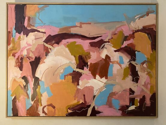 Pink and blue abstract painting of a landscape