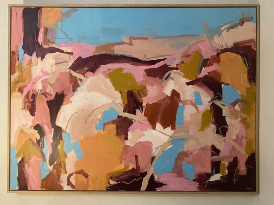 Pink and blue abstract painting of a landscape