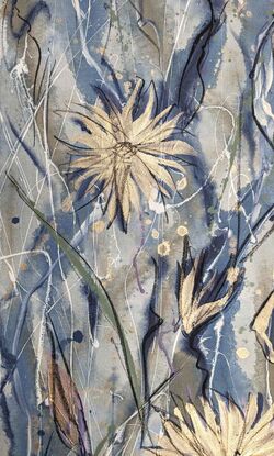 An abstract of wild grass and leaves in dark blue, smoke blue and white with silver leaf.  