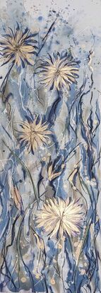 An abstract of wild grass and leaves in dark blue, smoke blue and white with silver leaf.  